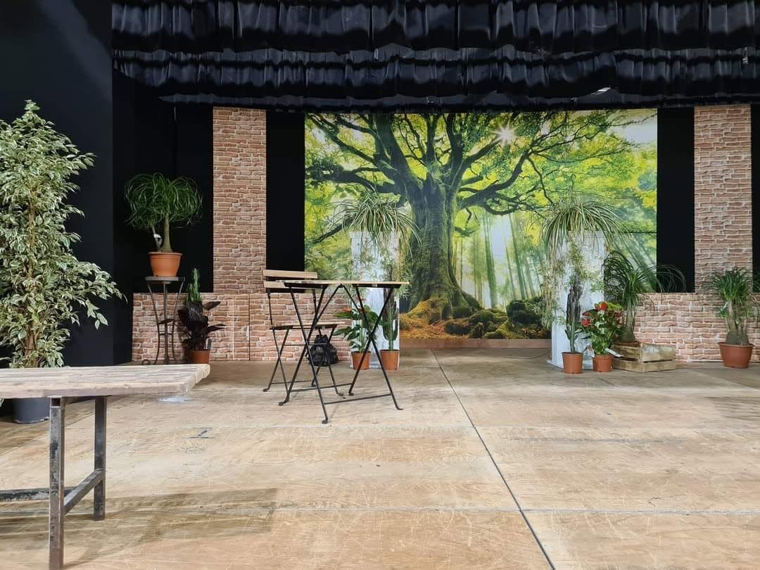 Décor de forêt sur scène, avec une grande fresque d'arbre, des plantes et des murs de briques